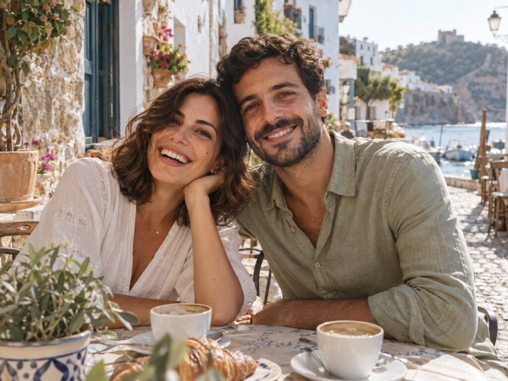 Pareja de muestra tomando café en un pueblo mediterráneo