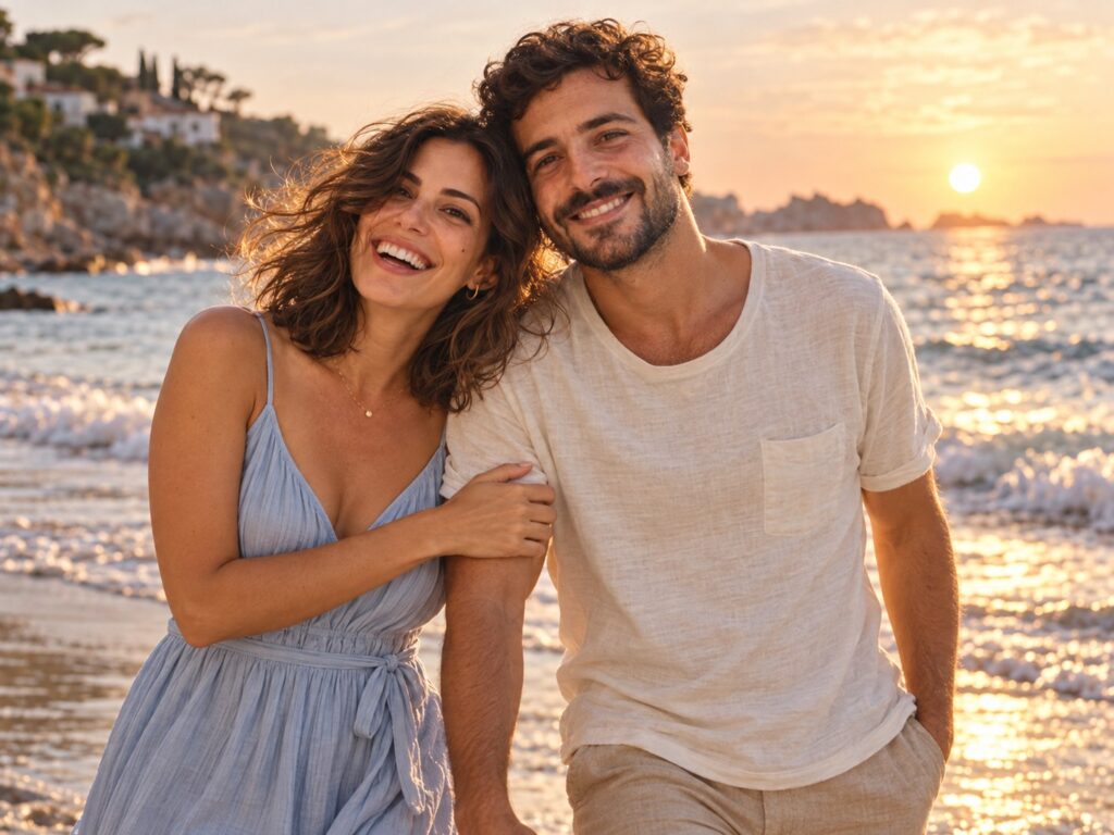 Pareja de muestra en la playa al atardecer
