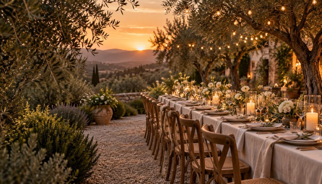 Mesa de boda entre olivos iluminada con velas al atardecer